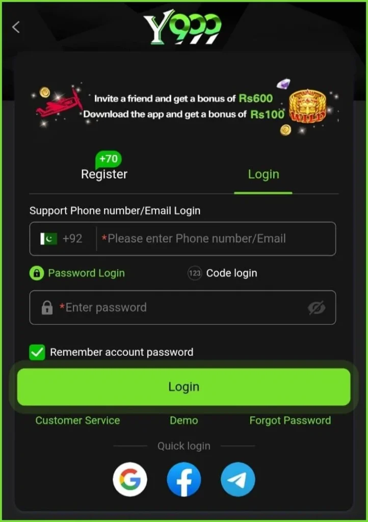Y999 Account Login steps